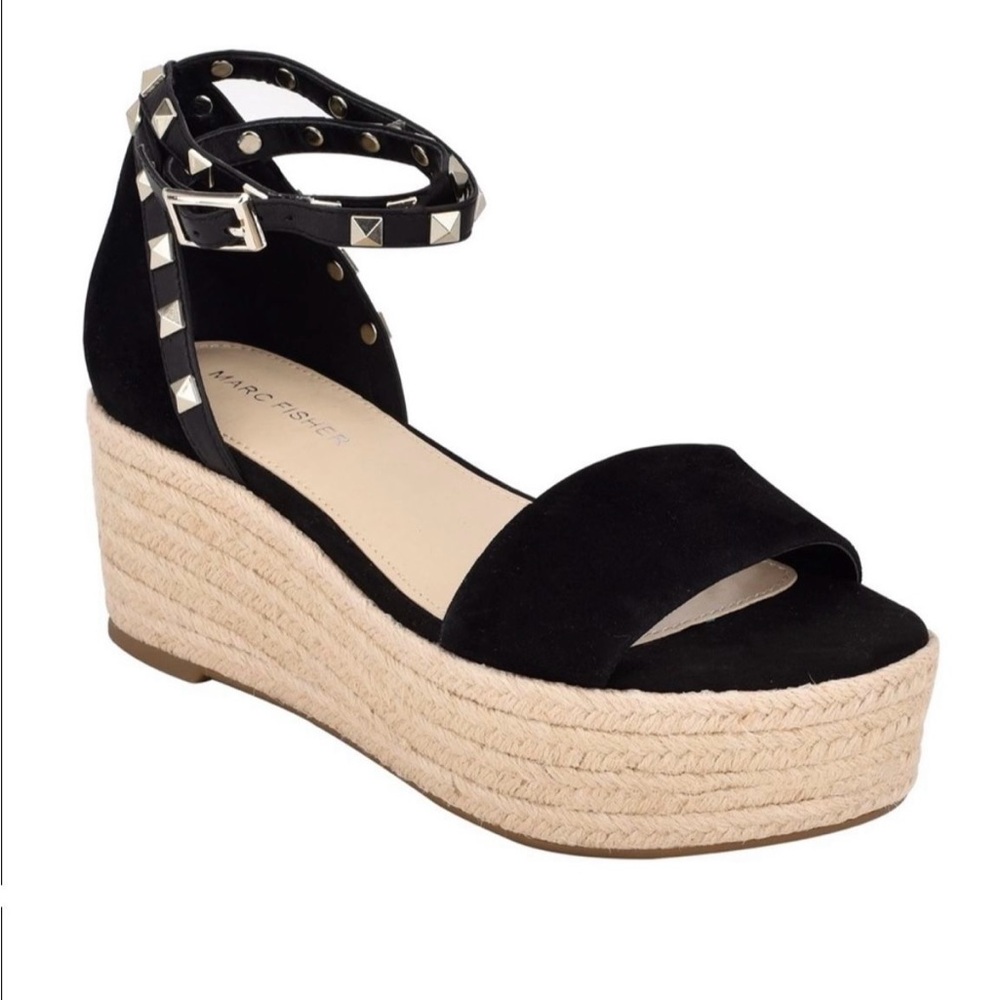 Marc Fisher Black Espadrille Wedges with Studded Ankle Strap